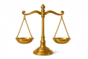 Golden justice scales balancing, symbolizing law, equality, and ethical decision-making, transparent background