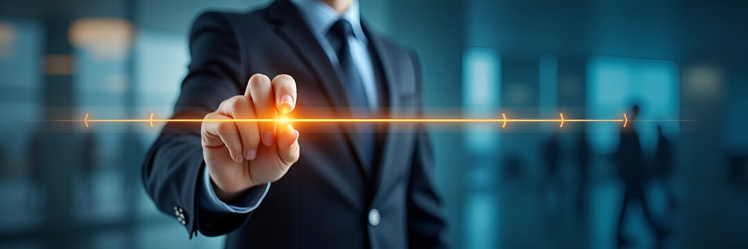 A businessman skillfully adjusting a virtual slider representing quality levels, visually indicating progress from poor to excellent standards in business practices, incorporating ample copy space aro