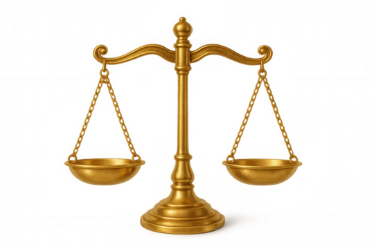 Golden justice scales balancing, symbolizing law, equality, and ethical decision-making, transparent background
