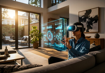 Immersive virtual reality experience at home, modern living room, future technology, digital interface concept.