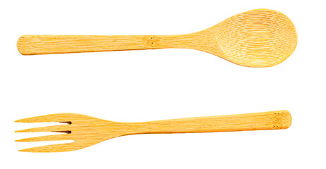 recycled wooden cutlery on isolated white background