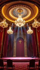 Obraz premium Elegant theater stage with red curtains and chandeliers creating dramatic ambiance for performance or event presentation