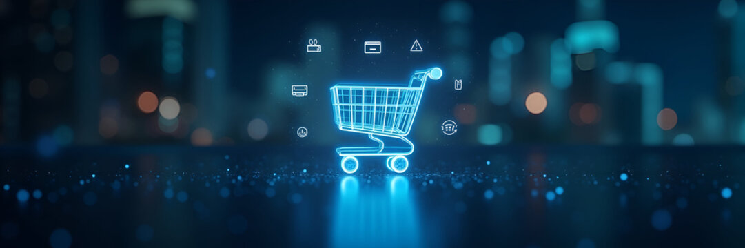 Digital shopping cart icon illuminated and surrounded by various payment options, effectively demonstrating the shopping cart checkout process while utilizing ample copy space for promotional messages