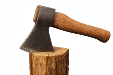 Axe blade striking rustic wood chopping block, ready for cutting firewood work, rustic tool with timber handle