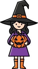 Happy Child in Purple Witch Costume Carrying Carved Pumpkin