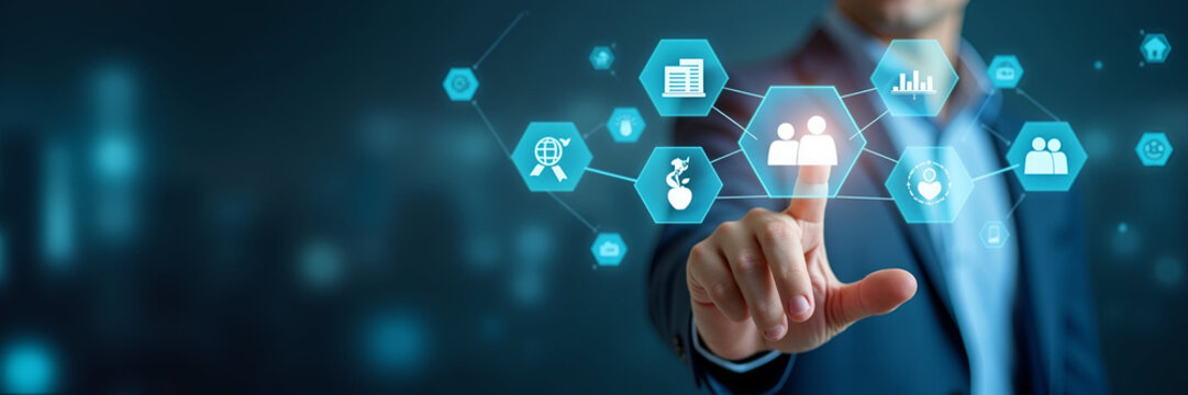 Person presents CSR icons on digital interface representing corporate social responsibility sustainability ethics community and environmental concerns in business. concept as Person presents CSR icons