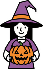 Halloween Witch Holding Jack-o'-Lantern – Cartoon Vector Illustration