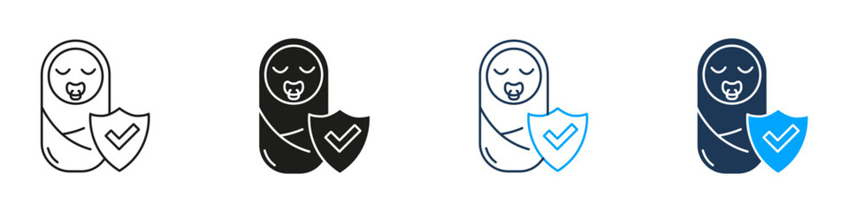 Baby With Shield Line And Solid Icon Set. Infant Safety, Protection, And Security Assurance Symbol Collection. Childcare And Parental Guidance. Isolated Vector Illustration