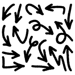collection of hand drawn black arrows doodle in sketch style. Various arrow directions with rough marker texture, perfect for design elements, presentations, and infographic decorations.