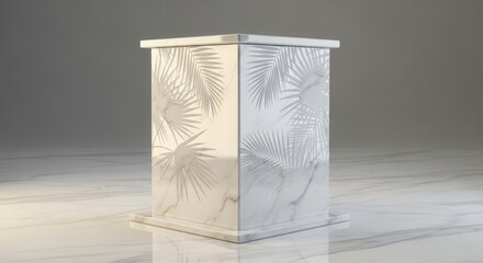 A white marble pedestal with etched palm leaf designs stands centrally on a reflective marble floor against a gray background featuring a rectangular top and base