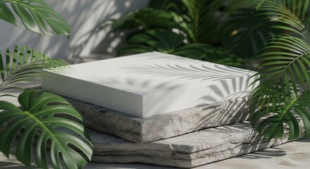 A white rectangular display stand sits on two rough stone slabs surrounded by green tropical leaves and sunlit shadows