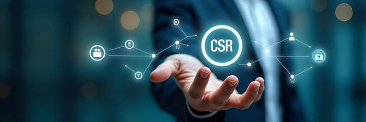 Naklejka premium Person presents CSR icons on digital interface representing corporate social responsibility sustainability ethics community and environmental concerns in business. concept as Person presents CSR icons
