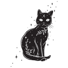 Linear graphic illustration of a black cat with moon and stars for Halloween isolated on white background. Vector ink vintage engraving illustration. Hand drawn in a graphic style linear drawing.