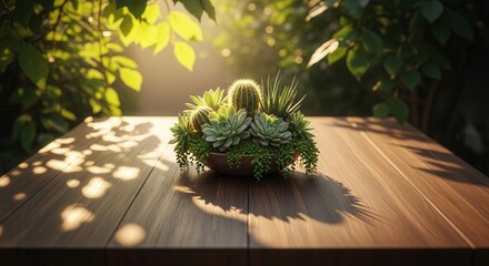 Obraz premium A wooden slatted table holds a central bowl with an arrangement of succulents and cacti Dappled sunlight filters through green foliage casting shadows on the table