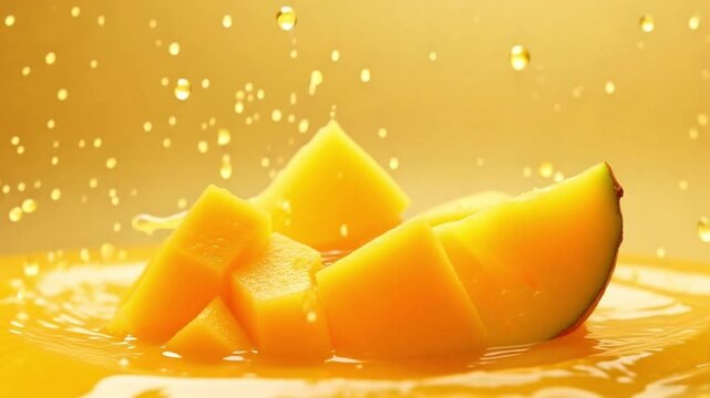 Refreshing mango juice pouring creating dynamic splash, perfect for healthy lifestyle ads and vibrant summer promotions, a tropical fruit explosion