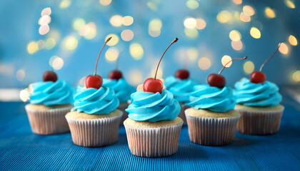 Cupcakes With Blue Frosting And A Cherry On Top Generative Ai