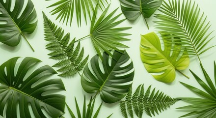 An assortment of diverse green leaves including tropical and fern types arranged on a light green background