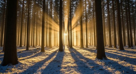 Sunlight Filtering Through Tall Coniferous Forest Trees During Winter