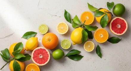 An overhead view of fresh citrus fruits whole and halved lemons oranges limes and grapefruits with green leaves arranged on a light textured surface with soft shadows