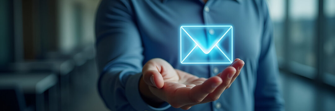 Person interacts with floating digital interface displaying new email notification symbol representing online communication and email marketing. concept as Person interacts with floating digital inter