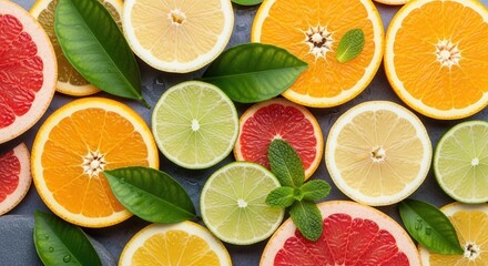Assortment of vibrant citrus fruit slices including grapefruit oranges lemons and limes interspersed with fresh green leaves and mint sprigs arranged on a dark surface