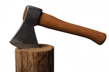 Axe head sticking in a chopping block, showcasing a sharp metal blade and a wooden handle, ready for cutting tasks