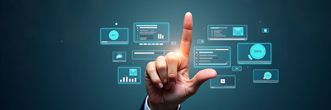 An artistic arrangement of UI elements including sliders and buttons around a hand in a clean composition, enhancing usability with clear copy space for display.