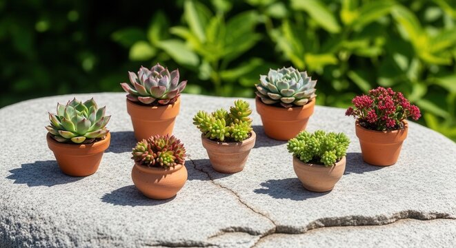 Assorted potted succulents and a red flowering plant on a gray stone surface Blurred green foliage forms the background