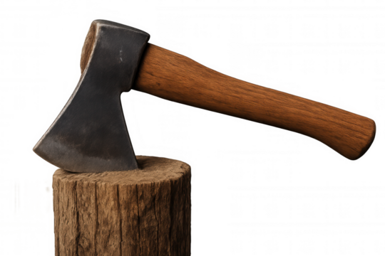 Axe head sticking in a chopping block, showcasing a sharp metal blade and a wooden handle, ready for cutting tasks