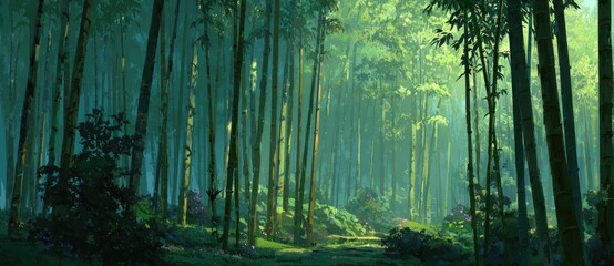 Fototapeta premium Lush, vibrant bamboo forest bathed in soft light