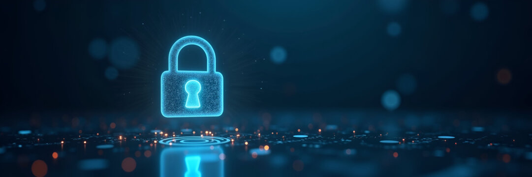 A glowing padlock hovers over a digital interface, representing secure transactions. The image features ample copy space on the right for text placement, with a focus on symmetry and clarity.