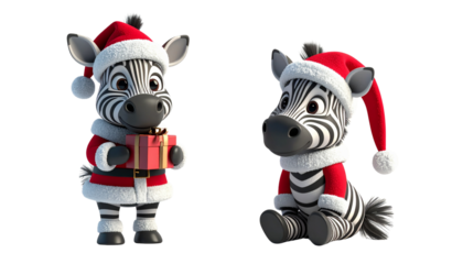 Two cartoon zebra in Santa outfit bundle isolated on transparent background