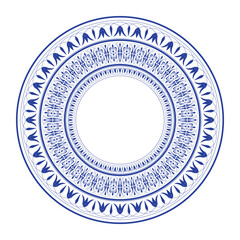 Decorative plate with floral ornament. Blue and white colors. Round decorative frame with ethnic ornament. Decorative round ornament for laser cutting, engraving or stenciling. Vector illustration.