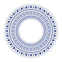 Blue Round plate with floral design. Oval floral european pattern frame arabesque. Vintage, ethnic frame with greek pattern. Pattern frame for round surface, textile, embroidery, ceramic, porcelain