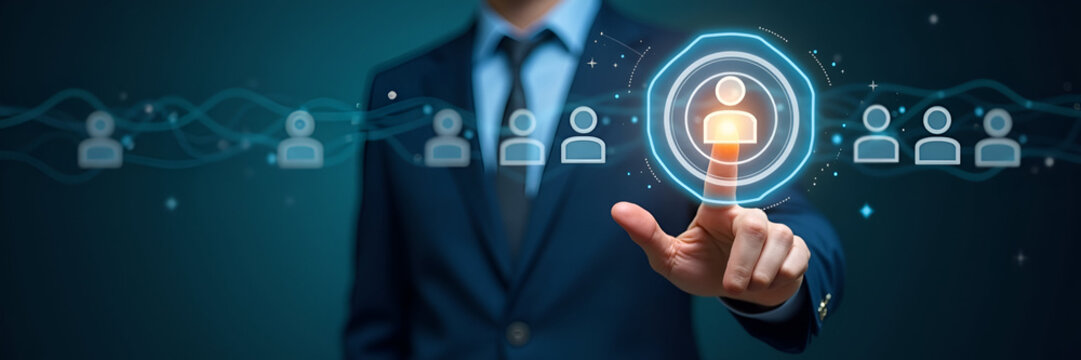 Hand selecting holographic recruitment target device with group people icons representing talent acquisition candidate selection skill assessment in empty space concept as Hand selects holographic rec