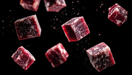 Cubed beef, seemingly floating, against a black background