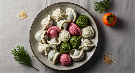 A festive overhead display of assorted colorful gourmet dumplings, celebrating traditional culinary art with fresh sides