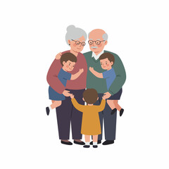Flat Illustration of Grandparents with Grandchildren Embracing, a Warm Family Portrait