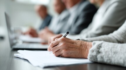 Senior businessman writes notes during conference session in modern office environment with colleagues engaged in discussion
