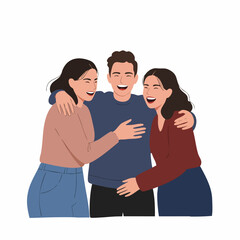 Modern Flat Illustration Group of Happy Friends Hugging Each Other
