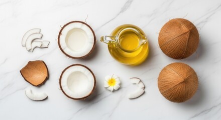 Coconuts oil in pitcher shell and flakes arranged on a white marble surface with a small white flower