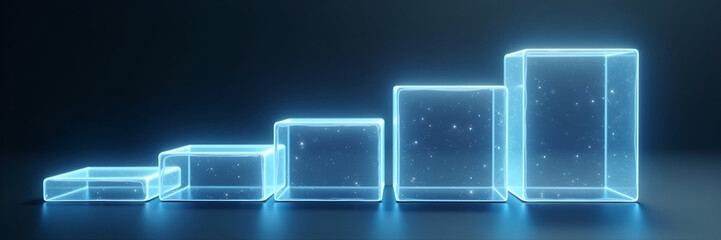 Obraz premium Floating holographic steps representing growth milestones are uniquely arranged in a minimalistic style, ensuring sufficient background for inspirational messaging.