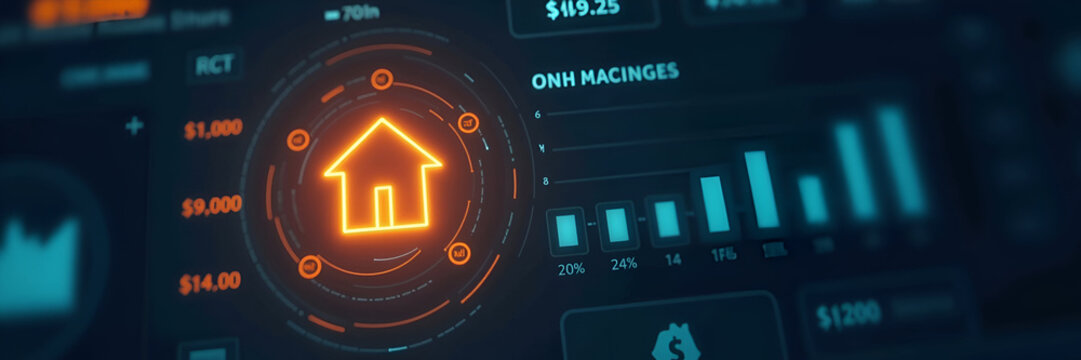 A compelling image featuring a glowing house icon surrounded by loan percentage details, designed within a dashboard layout to illustrate loan processing with guidance for copy space.
