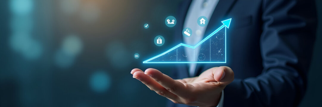 Hand interacting with holographic quality increase cost reduction device showing quality assurance cost optimization icons in empty space concept as Hand interacts with holographic quality increase an