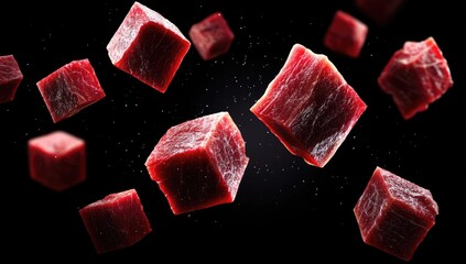 Cubed raw meat,  levitating against black background