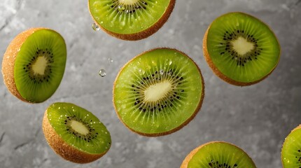 Fototapeta premium Sliced Kiwi Hovering With Water Droplets