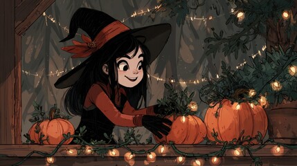 Cozy Halloween Witch Decorating Pumpkins with Fairy Lights, Holiday Crossover Art