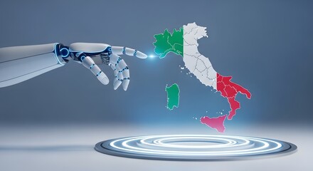 Robot hand interacts with holographic map of italy displayed on futuristic platform