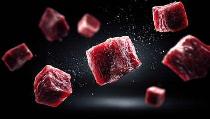 Raw beef cubes levitate against black