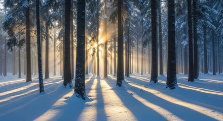 Snowy Forest Scene with Sunlight Filtering Through Tall Trees in Winter Landscape